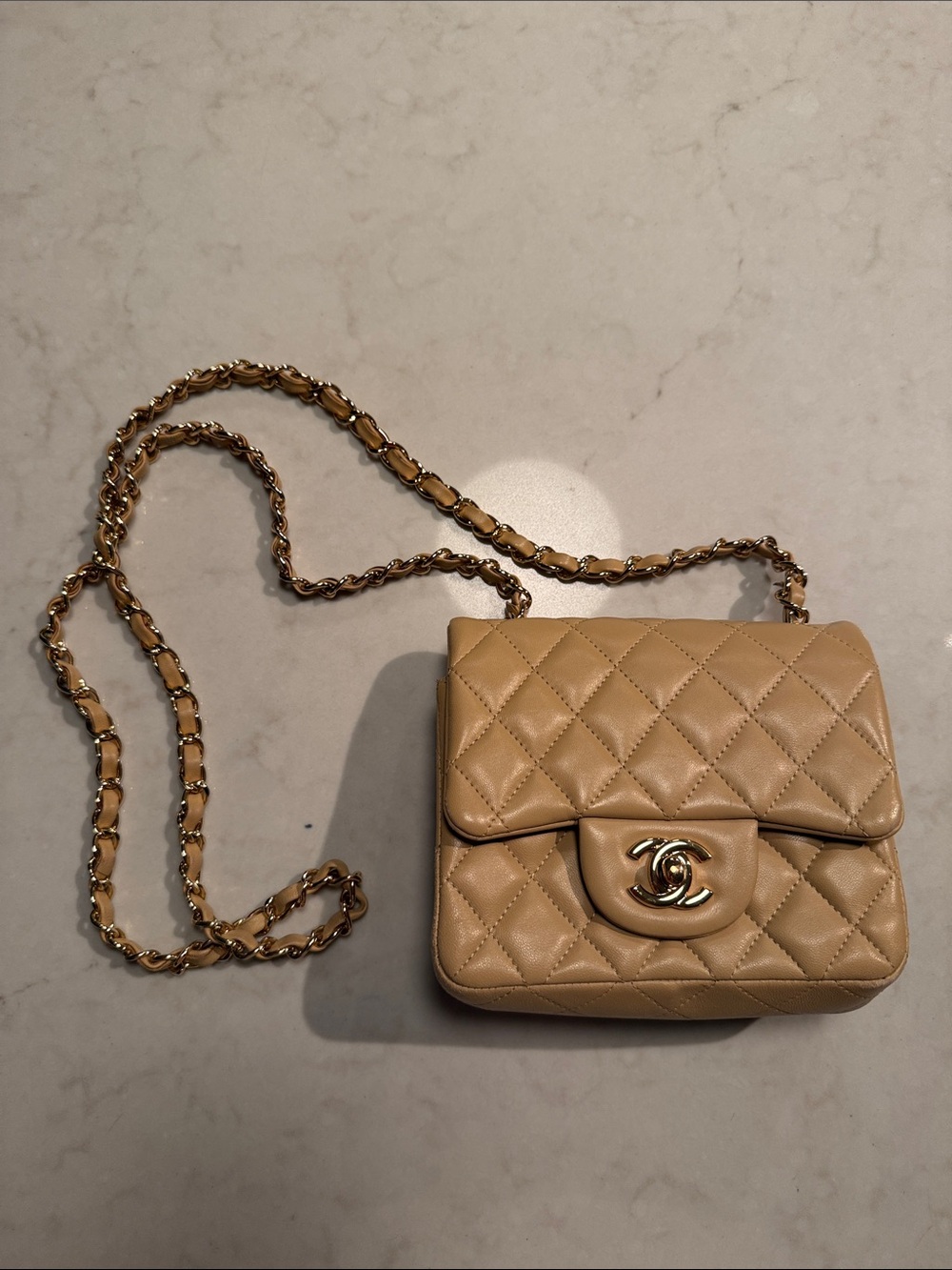 Beige Quilted Chain-Shoulder Crossbody Bag